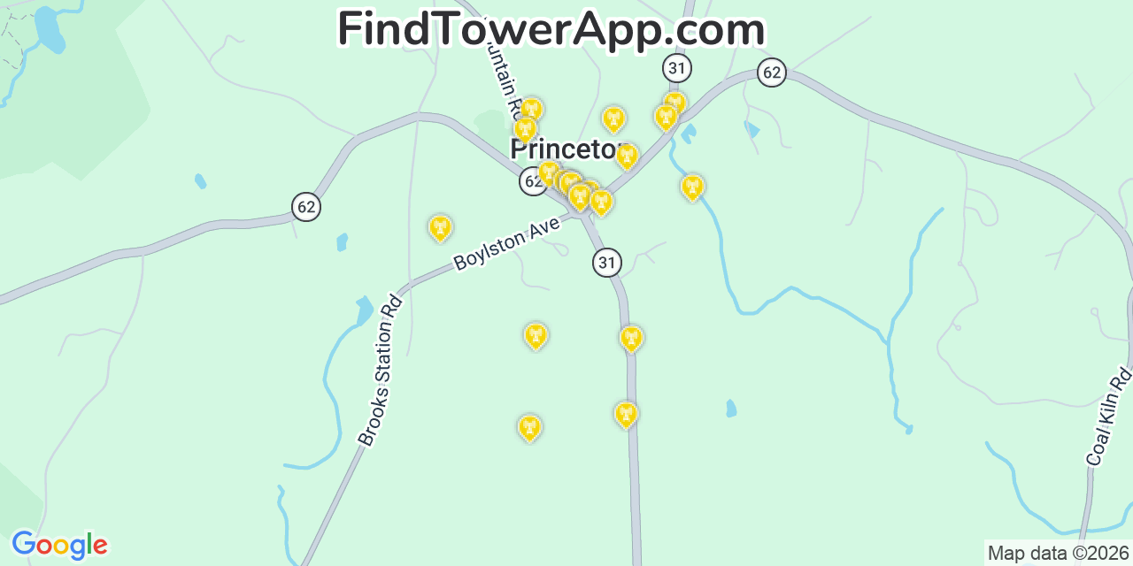 Map showing the 20 primary cell tower locations detected in Princeton, Massachusetts from AT&T, Verizon, and T-Mobile networks