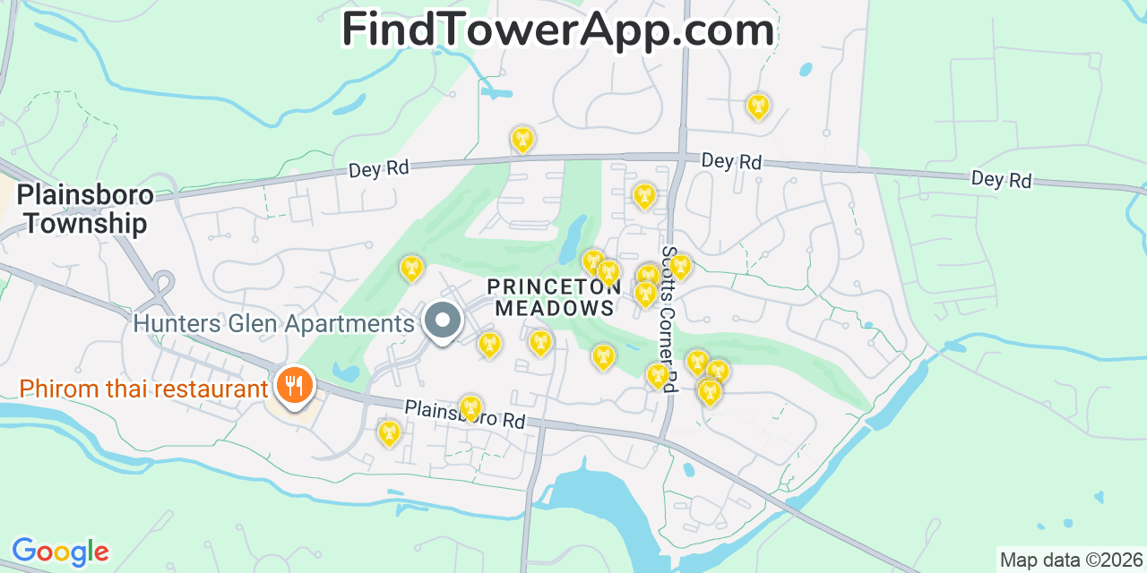 Map showing the 20 primary cell tower locations detected in Princeton Meadows, New Jersey from AT&T, Verizon, and T-Mobile networks