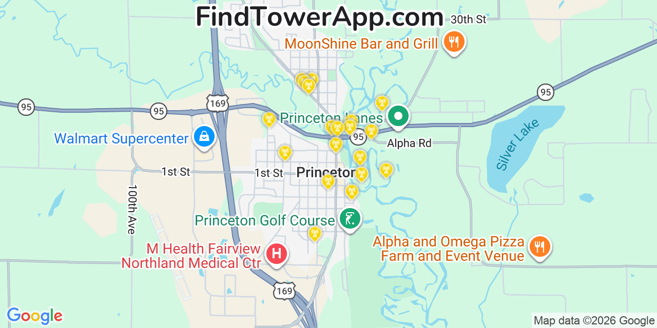 Map showing the 20 primary cell tower locations detected in Princeton, Minnesota from AT&T, Verizon, and T-Mobile networks