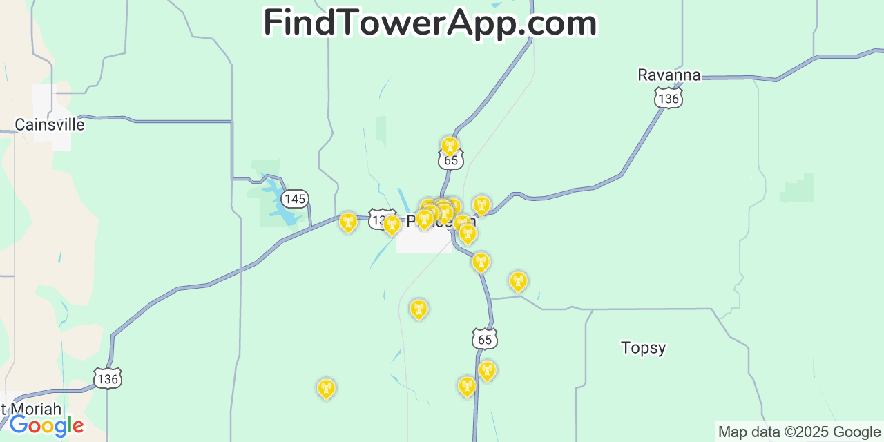 Map showing the 20 primary cell tower locations detected in Princeton, Missouri from AT&T, Verizon, and T-Mobile networks