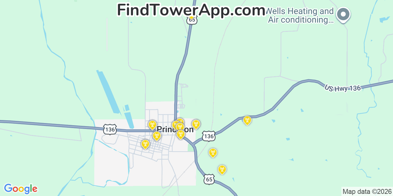 Map showing the 20 primary cell tower locations detected in Princeton, Missouri from AT&T, Verizon, and T-Mobile networks