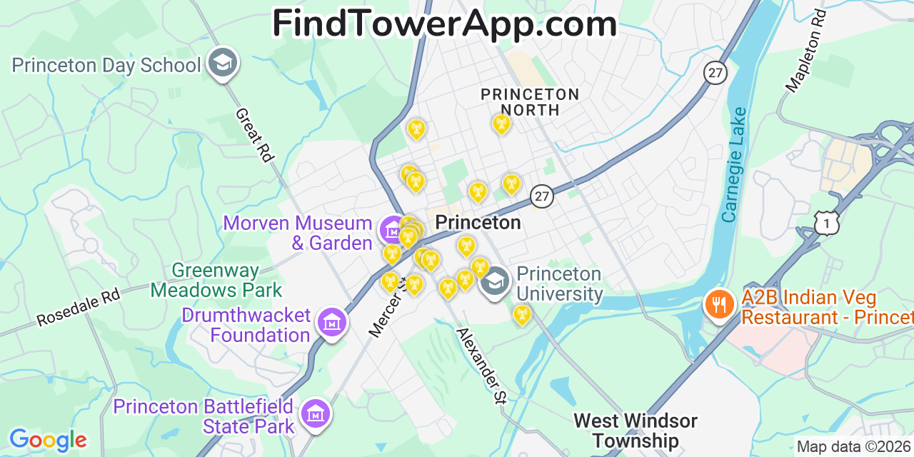 Map showing the 20 primary cell tower locations detected in Princeton, New Jersey from AT&T, Verizon, and T-Mobile networks