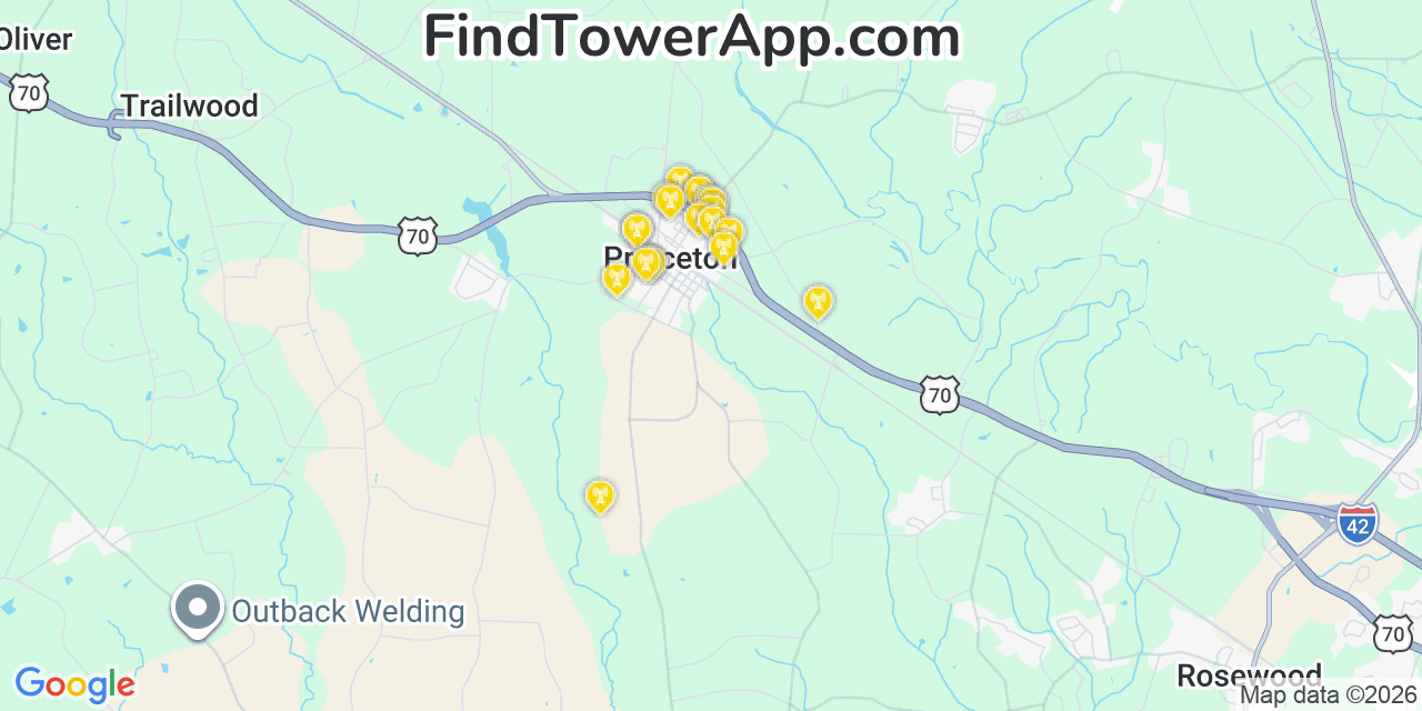 Map showing the 20 primary cell tower locations detected in Princeton, North Carolina from AT&T, Verizon, and T-Mobile networks