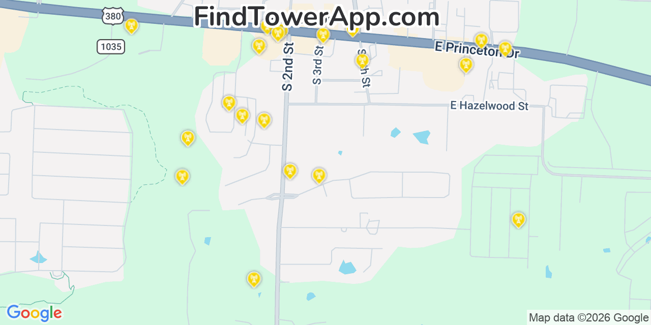 Map showing the 20 primary cell tower locations detected in Princeton, Texas from AT&T, Verizon, and T-Mobile networks