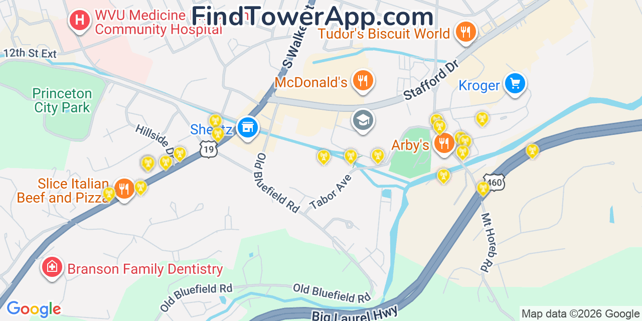 Map showing the 20 primary cell tower locations detected in Princeton, West Virginia from AT&T, Verizon, and T-Mobile networks