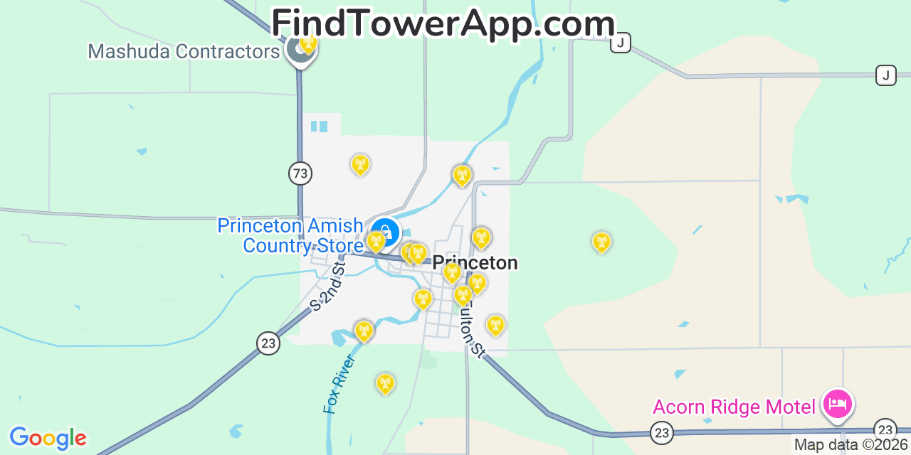 Map showing the 20 primary cell tower locations detected in Princeton, Wisconsin from AT&T, Verizon, and T-Mobile networks