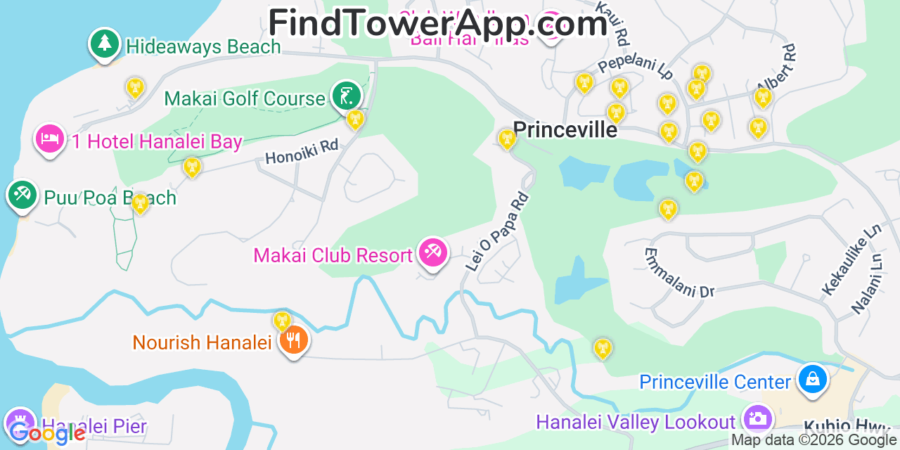 Map showing the 20 primary cell tower locations detected in Princeville, Hawaii from AT&T, Verizon, and T-Mobile networks