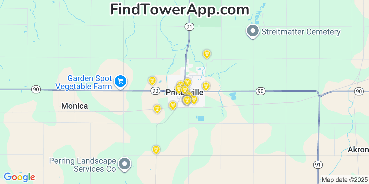Map showing the 20 primary cell tower locations detected in Princeville, Illinois from AT&T, Verizon, and T-Mobile networks