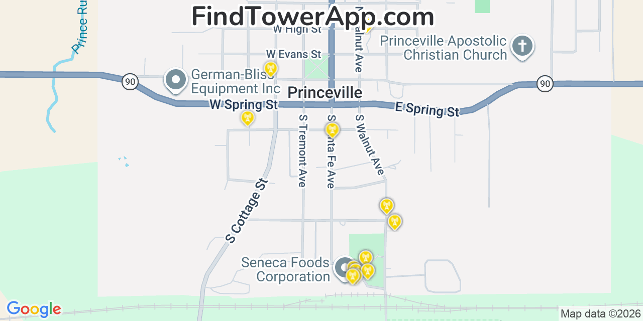 Map showing the 20 primary cell tower locations detected in Princeville, Illinois from AT&T, Verizon, and T-Mobile networks