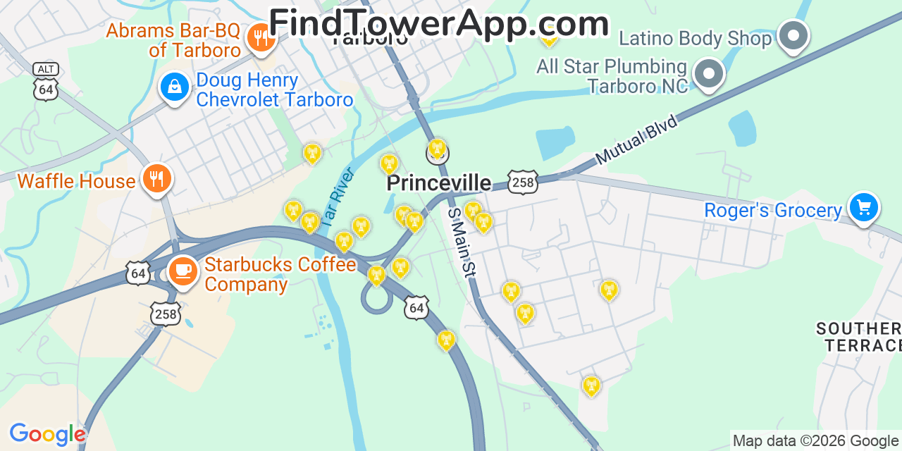 Map showing the 20 primary cell tower locations detected in Princeville, North Carolina from AT&T, Verizon, and T-Mobile networks