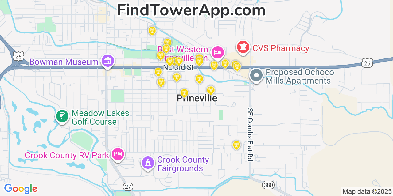 Map showing the 20 primary cell tower locations detected in Prineville, Oregon from AT&T, Verizon, and T-Mobile networks