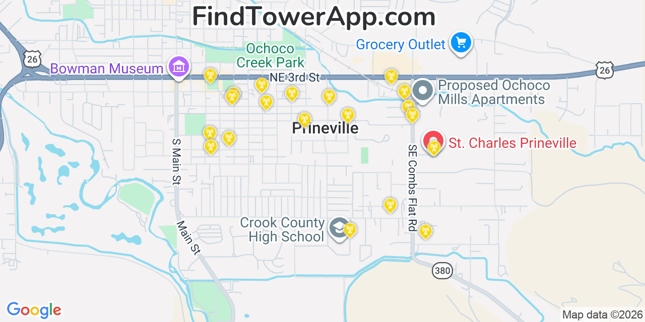 Map showing the 20 primary cell tower locations detected in Prineville, Oregon from AT&T, Verizon, and T-Mobile networks