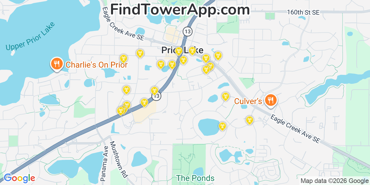 Map showing the 20 primary cell tower locations detected in Prior Lake, Minnesota from AT&T, Verizon, and T-Mobile networks