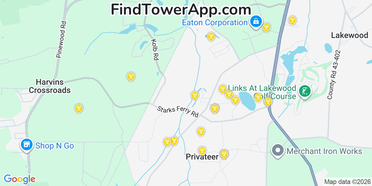 Map showing the 20 primary cell tower locations detected in Privateer, South Carolina from AT&T, Verizon, and T-Mobile networks