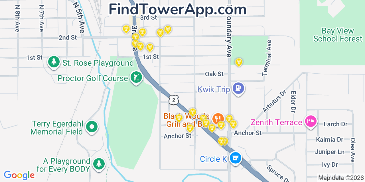 Map showing the 20 primary cell tower locations detected in Proctor, Minnesota from AT&T, Verizon, and T-Mobile networks