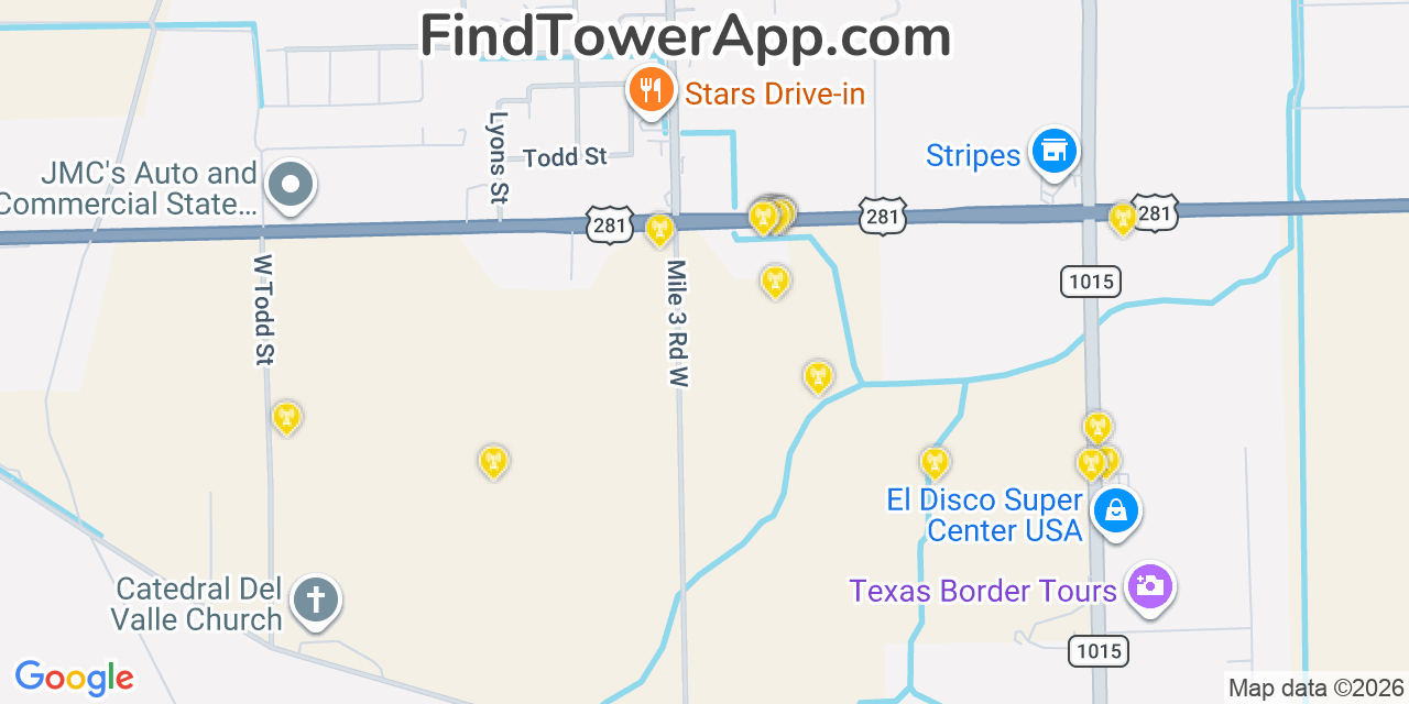 Map showing the 20 primary cell tower locations detected in Progreso, Texas from AT&T, Verizon, and T-Mobile networks