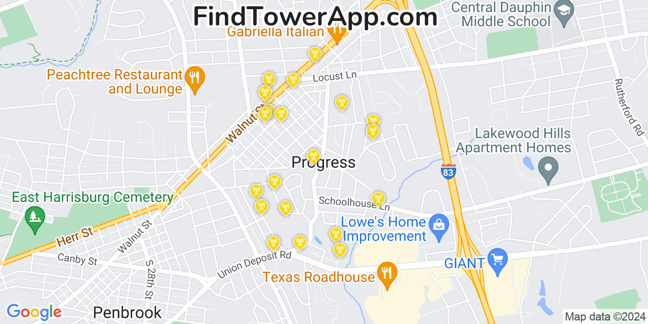 AT&T 4G/5G cell tower coverage map Progress, Pennsylvania