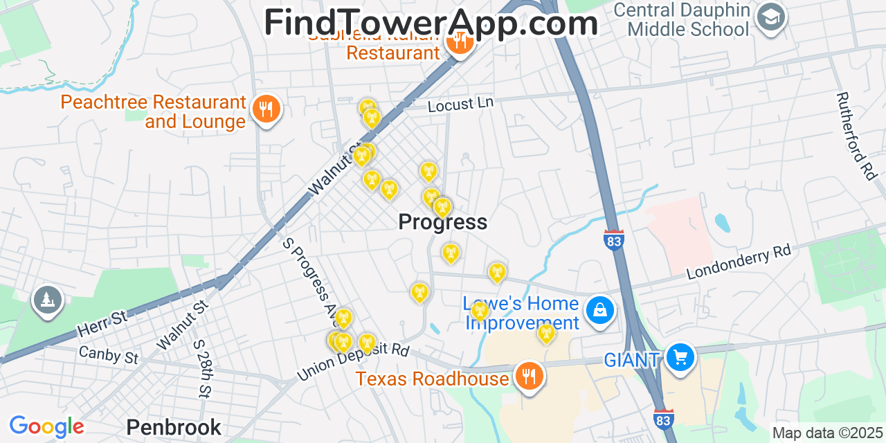 Map showing the 20 primary cell tower locations detected in Progress, Pennsylvania from AT&T, Verizon, and T-Mobile networks