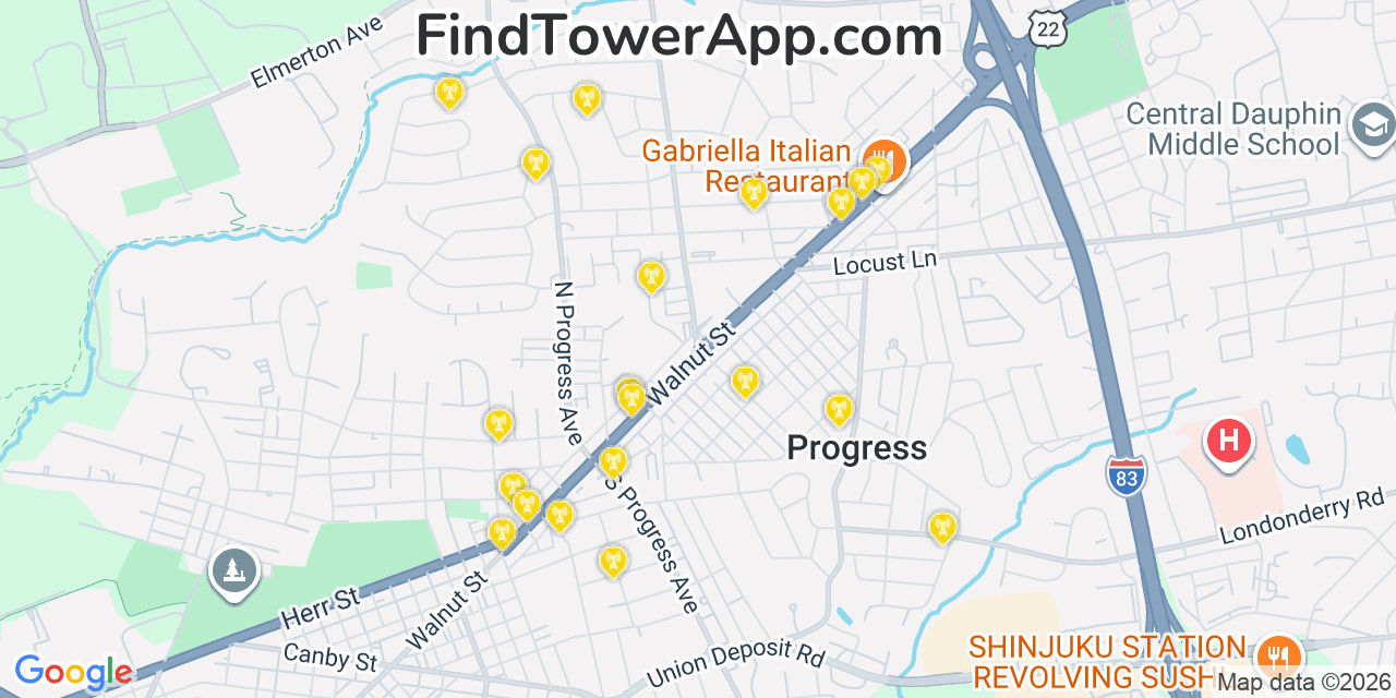 Map showing the 20 primary cell tower locations detected in Progress, Pennsylvania from AT&T, Verizon, and T-Mobile networks