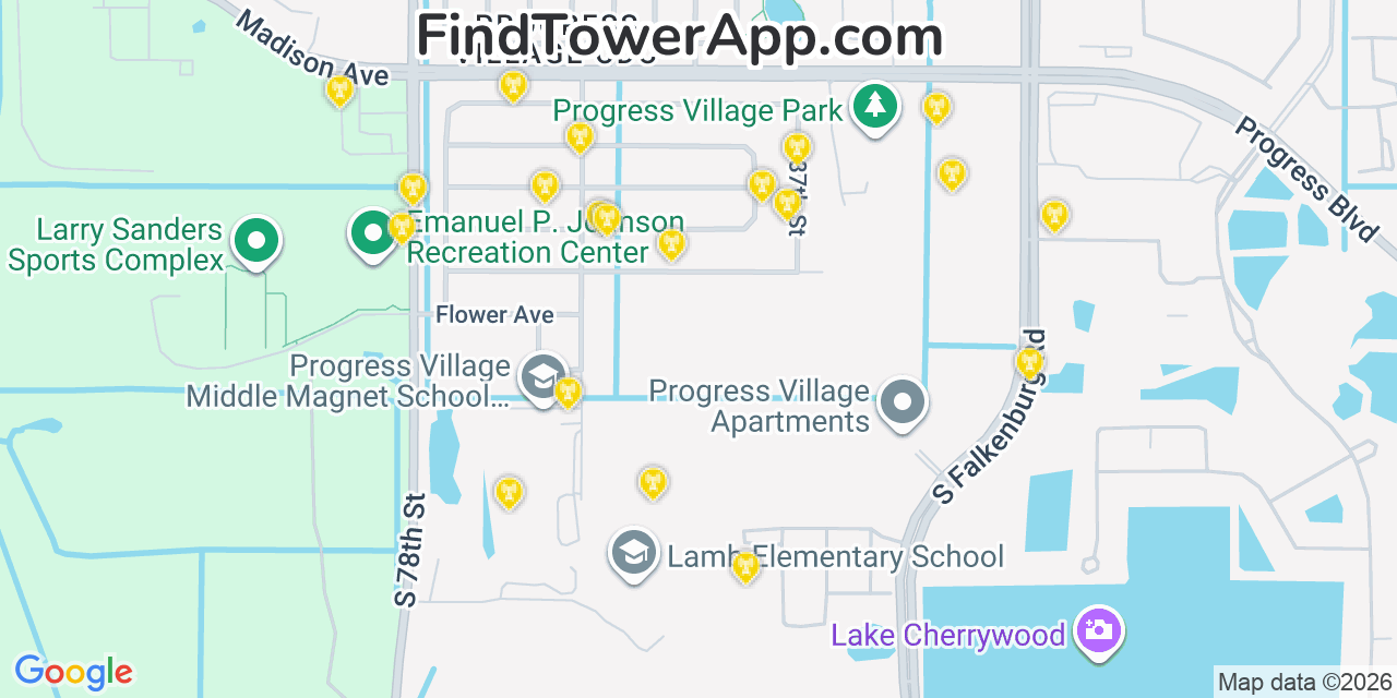 Map showing the 20 primary cell tower locations detected in Progress Village, Florida from AT&T, Verizon, and T-Mobile networks