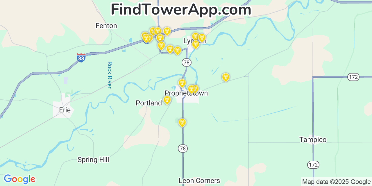 Map showing the 20 primary cell tower locations detected in Prophetstown, Illinois from AT&T, Verizon, and T-Mobile networks