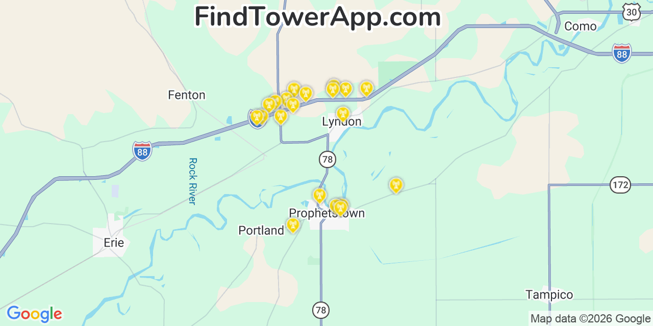 Map showing the 20 primary cell tower locations detected in Prophetstown, Illinois from AT&T, Verizon, and T-Mobile networks