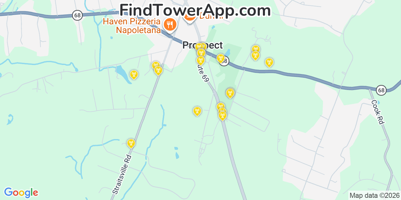 Map showing the 20 primary cell tower locations detected in Prospect, Connecticut from AT&T, Verizon, and T-Mobile networks