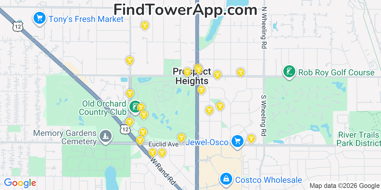 Map showing the 20 primary cell tower locations detected in Prospect Heights, Illinois from AT&T, Verizon, and T-Mobile networks
