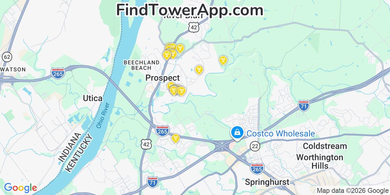 Map showing the 20 primary cell tower locations detected in Prospect, Kentucky from AT&T, Verizon, and T-Mobile networks