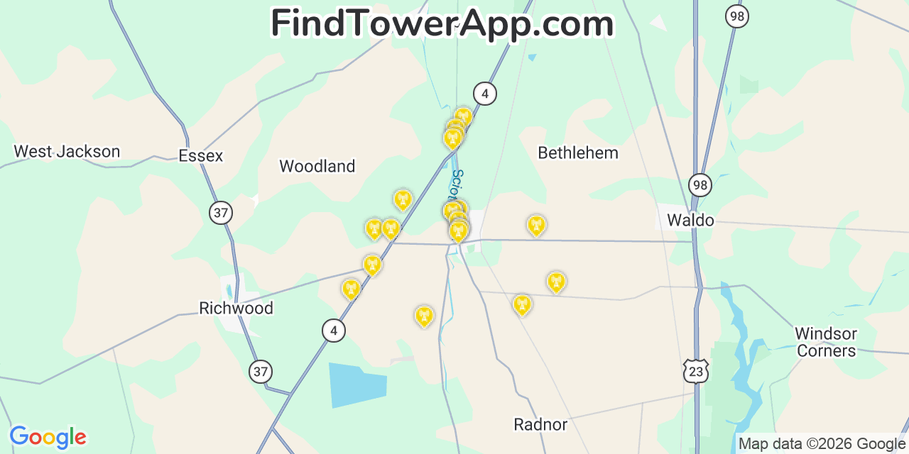 Map showing the 20 primary cell tower locations detected in Prospect, Ohio from AT&T, Verizon, and T-Mobile networks