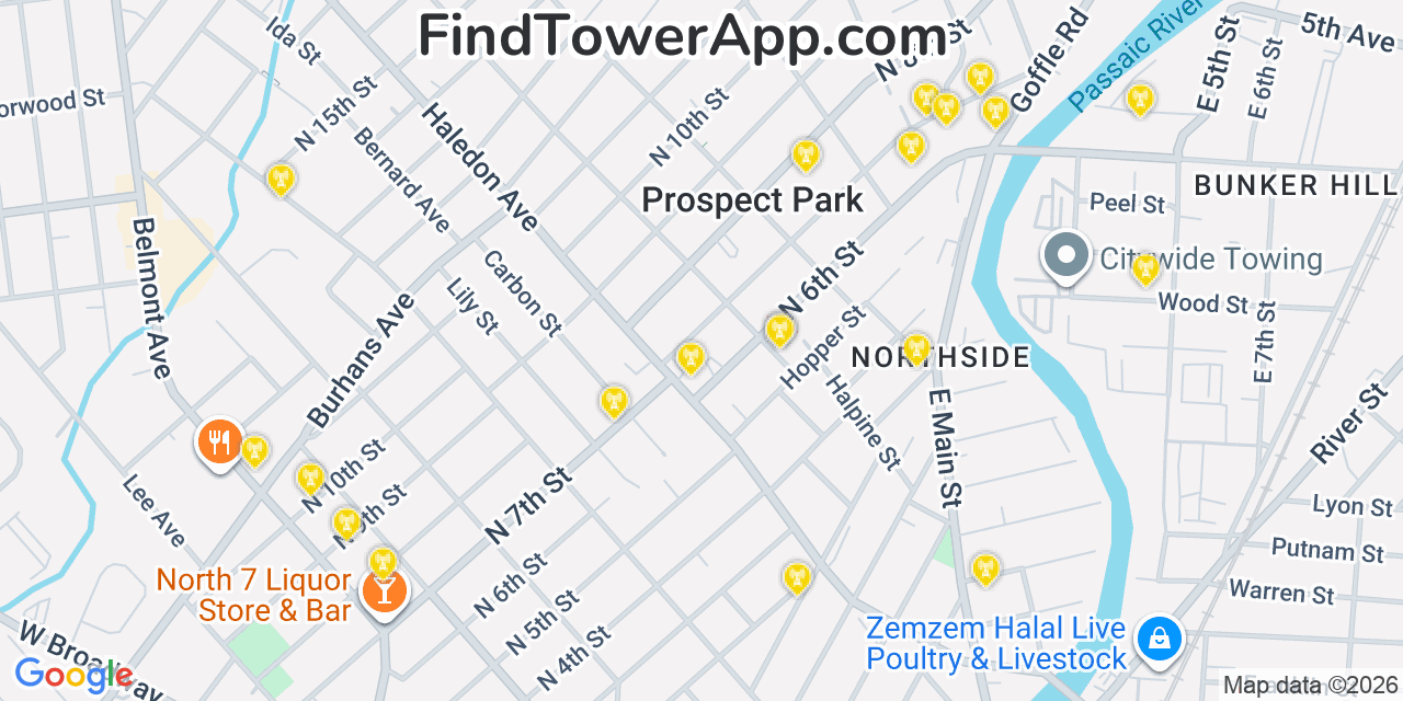 Map showing the 20 primary cell tower locations detected in Prospect Park, New Jersey from AT&T, Verizon, and T-Mobile networks