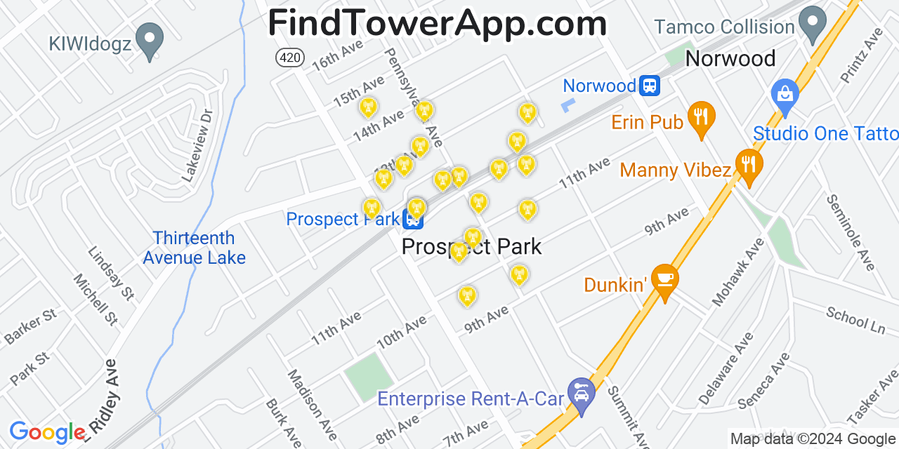 AT&T 4G/5G cell tower coverage map Prospect Park, Pennsylvania