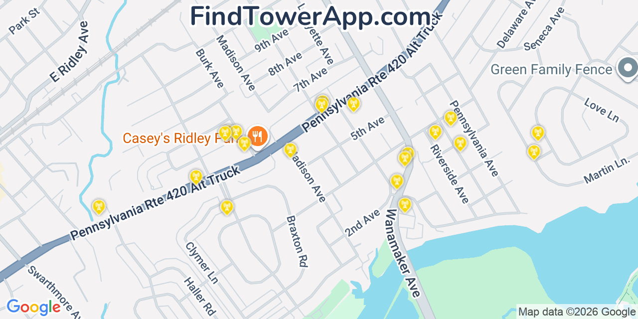 Map showing the 20 primary cell tower locations detected in Prospect Park, Pennsylvania from AT&T, Verizon, and T-Mobile networks