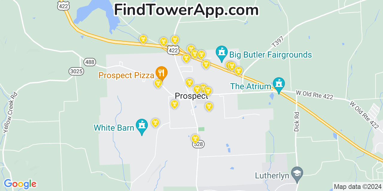 AT&T 4G/5G cell tower coverage map Prospect, Pennsylvania