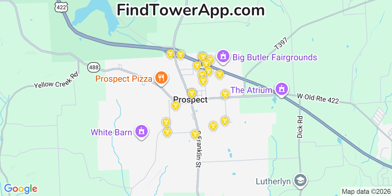 Map showing the 20 primary cell tower locations detected in Prospect, Pennsylvania from AT&T, Verizon, and T-Mobile networks