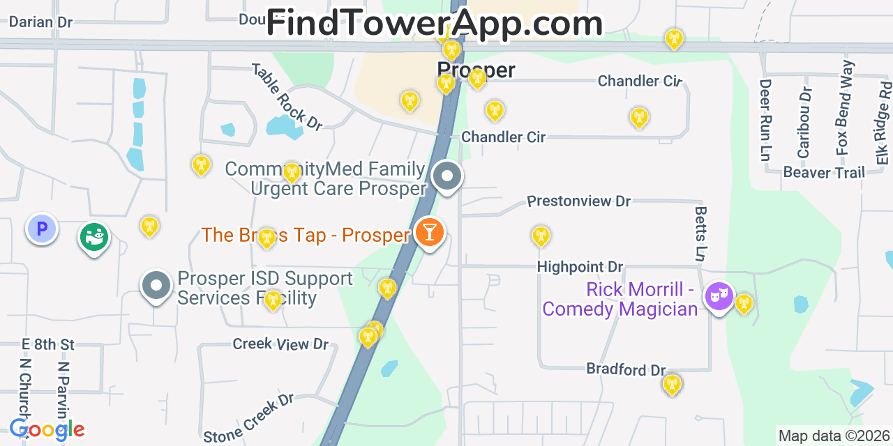 Map showing the 20 primary cell tower locations detected in Prosper, Texas from AT&T, Verizon, and T-Mobile networks