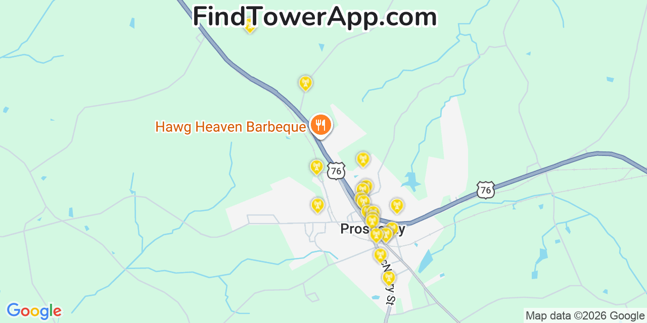 Map showing the 20 primary cell tower locations detected in Prosperity, South Carolina from AT&T, Verizon, and T-Mobile networks