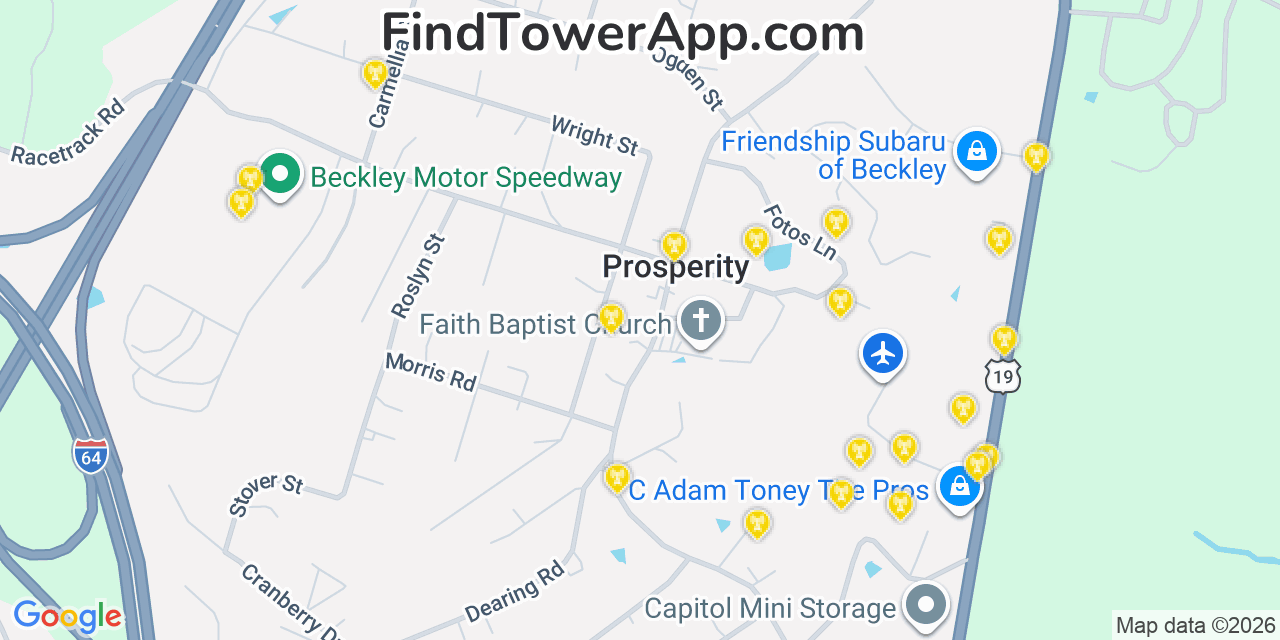 Map showing the 20 primary cell tower locations detected in Prosperity, West Virginia from AT&T, Verizon, and T-Mobile networks