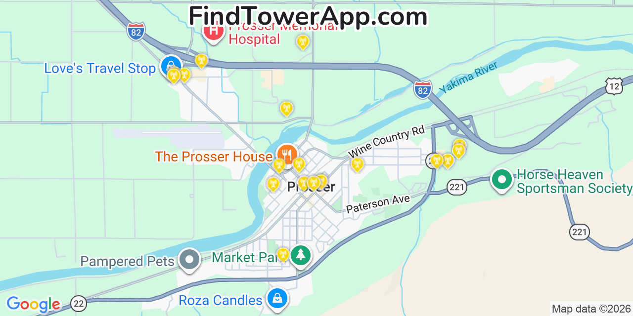 Map showing the 20 primary cell tower locations detected in Prosser, Washington from AT&T, Verizon, and T-Mobile networks