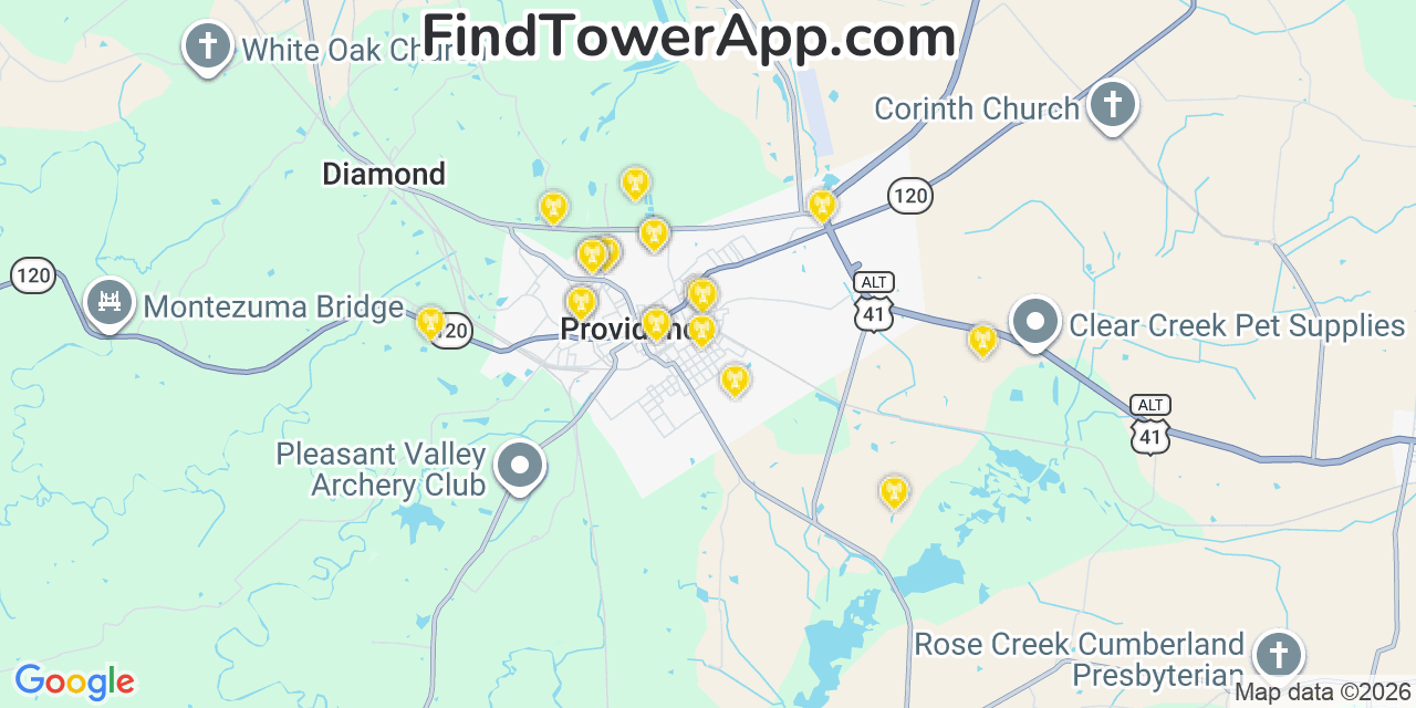 Map showing the 20 primary cell tower locations detected in Providence, Kentucky from AT&T, Verizon, and T-Mobile networks