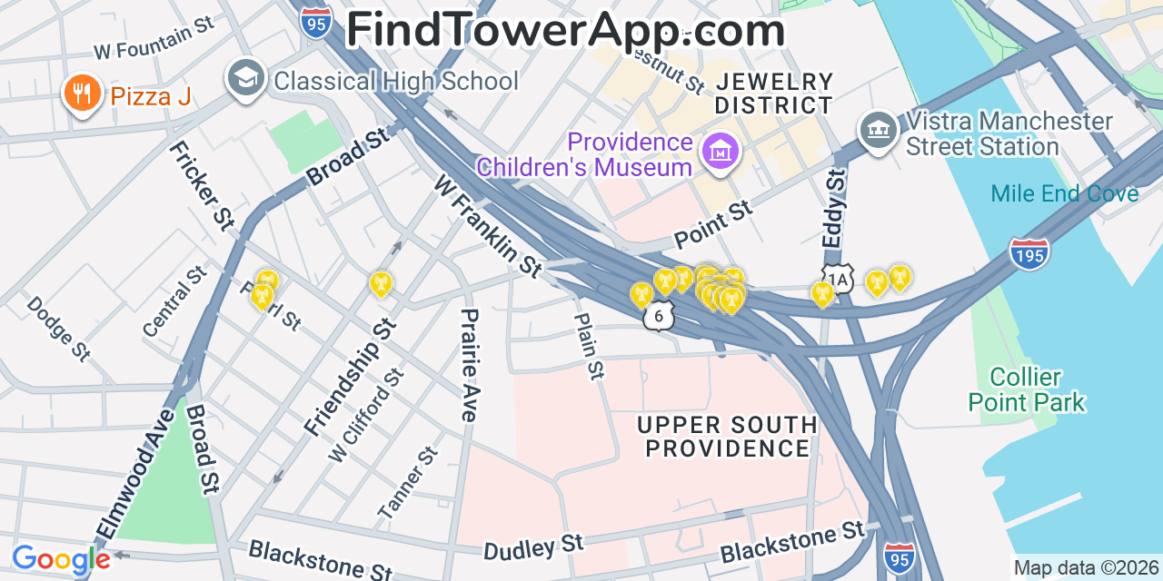 Map showing the 20 primary cell tower locations detected in Providence, Rhode Island from AT&T, Verizon, and T-Mobile networks