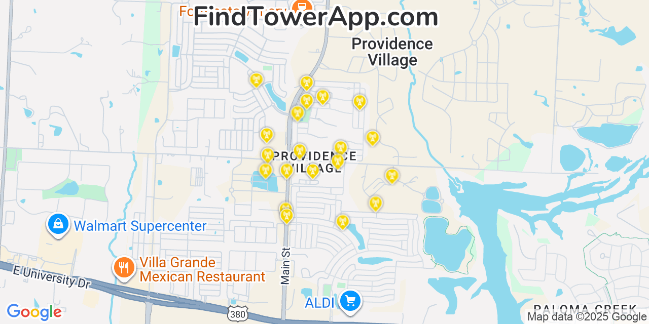 Map showing the 20 primary cell tower locations detected in Providence, Texas from AT&T, Verizon, and T-Mobile networks