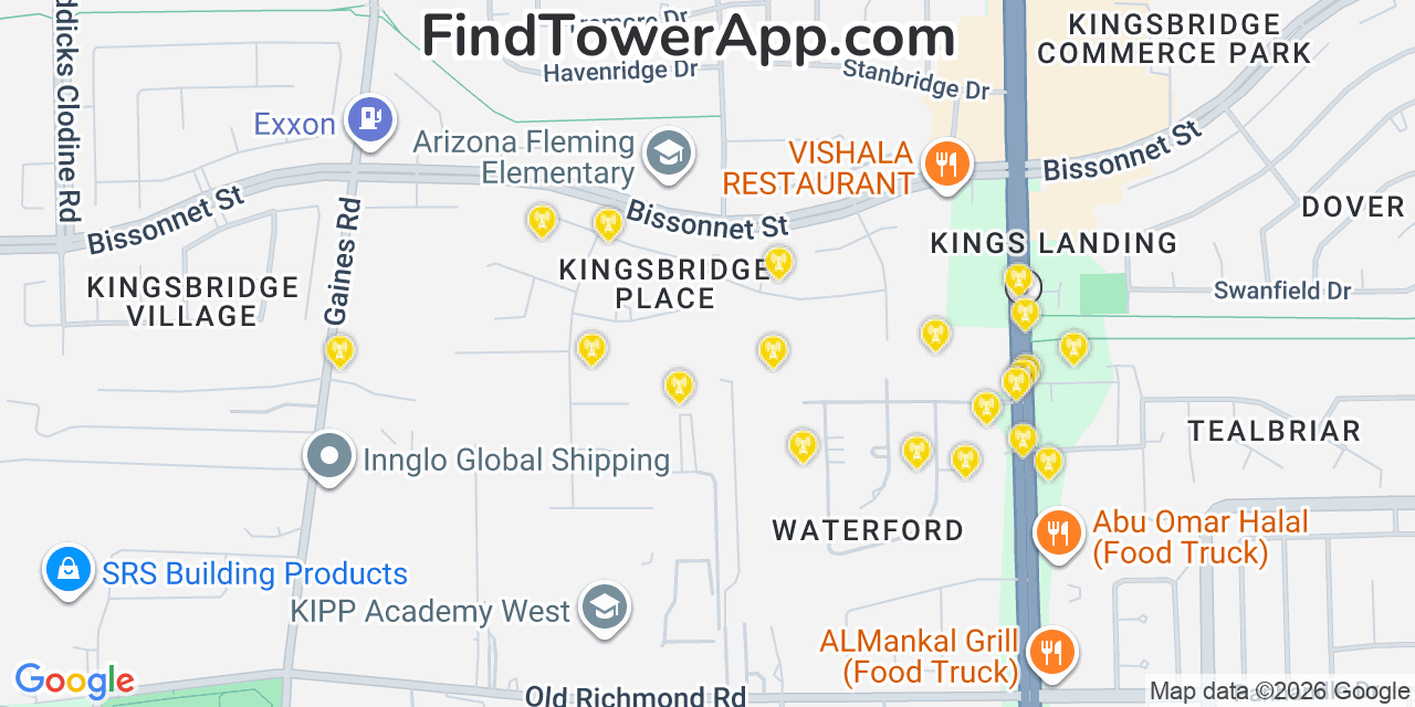 Map showing the 20 primary cell tower locations detected in Providence, Texas from AT&T, Verizon, and T-Mobile networks