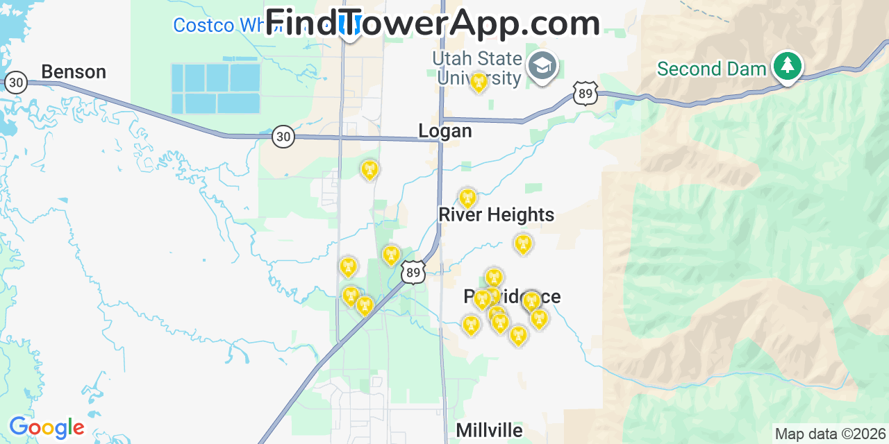 Map showing the 20 primary cell tower locations detected in Providence, Utah from AT&T, Verizon, and T-Mobile networks