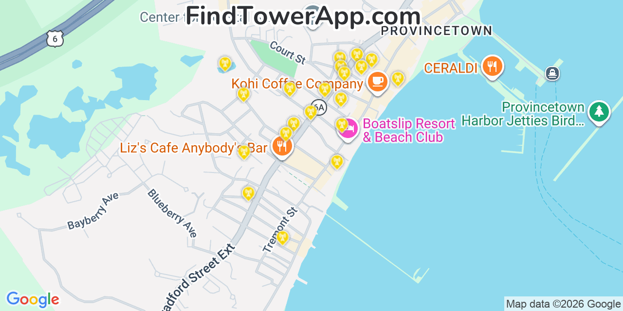 Map showing the 20 primary cell tower locations detected in Provincetown, Massachusetts from AT&T, Verizon, and T-Mobile networks