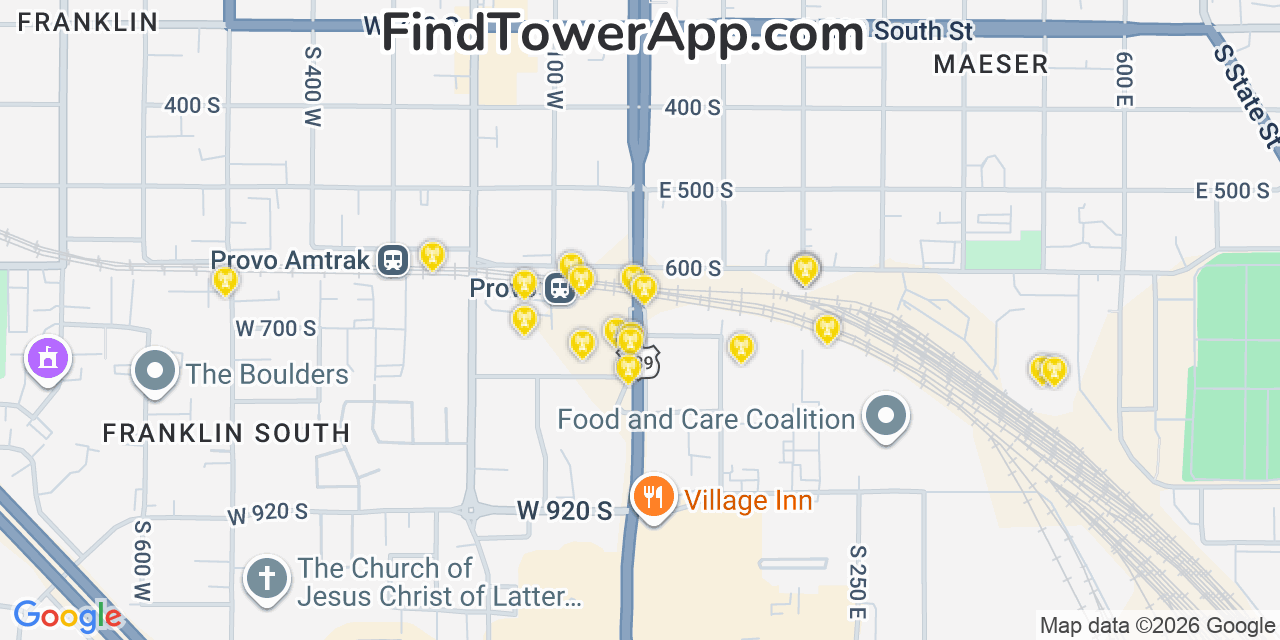 Map showing the 20 primary cell tower locations detected in Provo, Utah from AT&T, Verizon, and T-Mobile networks
