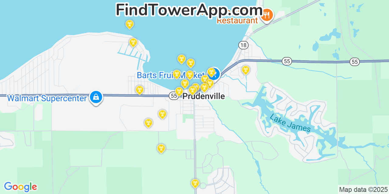 Map showing the 20 primary cell tower locations detected in Prudenville, Michigan from AT&T, Verizon, and T-Mobile networks