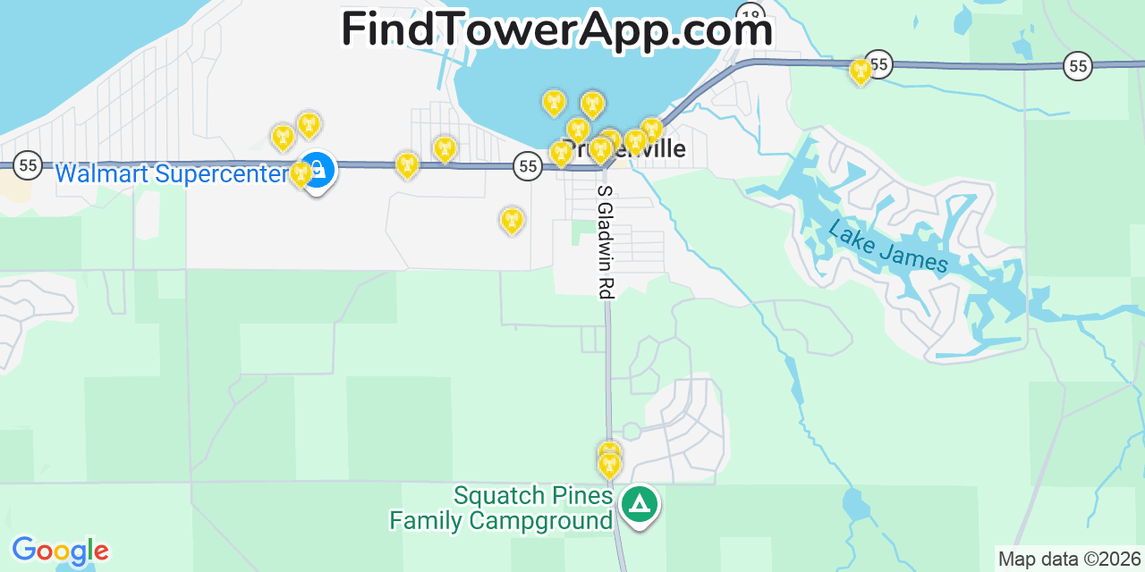 Map showing the 20 primary cell tower locations detected in Prudenville, Michigan from AT&T, Verizon, and T-Mobile networks