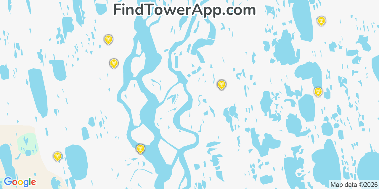 Map showing the 20 primary cell tower locations detected in Prudhoe Bay, Alaska from AT&T, Verizon, and T-Mobile networks