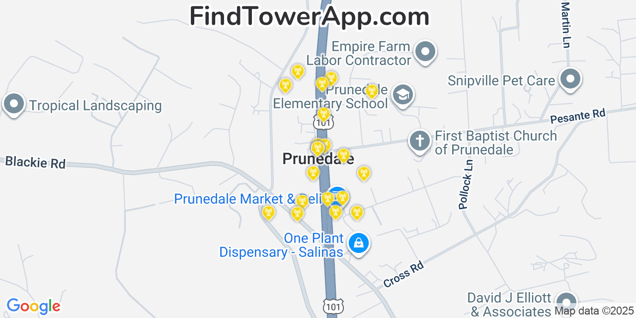 Map showing the 20 primary cell tower locations detected in Prunedale, California from AT&T, Verizon, and T-Mobile networks